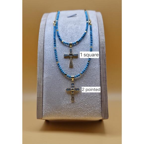 Handmade Blue Turquoise Cross Necklace Choose Gold Plate Adjustable Chain - Picture 4 of 9
